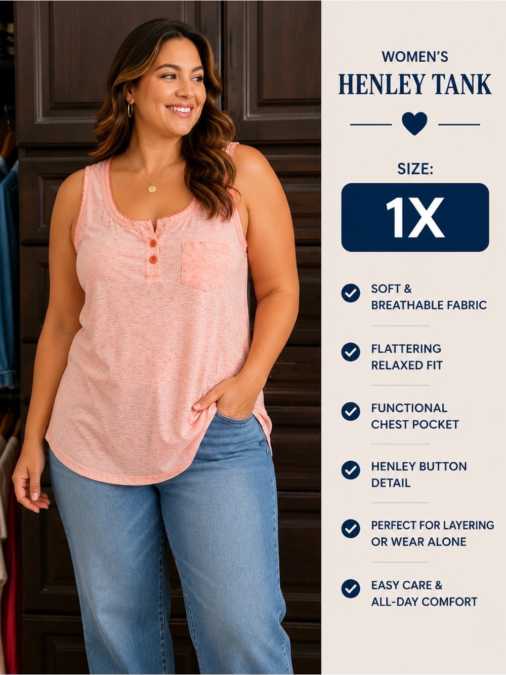 Fashion Bug Peach Scoop Neck Sleeveless Tank with Henley Buttons 1X